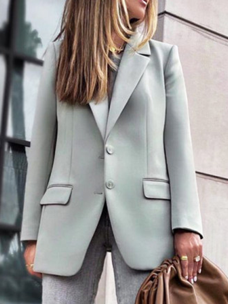 

Long sleeve flat lapel collar plain color no pattern nail buckle basic coat suit coat Plus Size, Gray, Blazers
