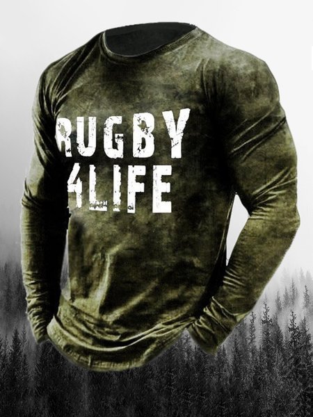 

Men's Text Element Graphic Print Round Neck Long-Sleeved Tee, Green, T-shirt
