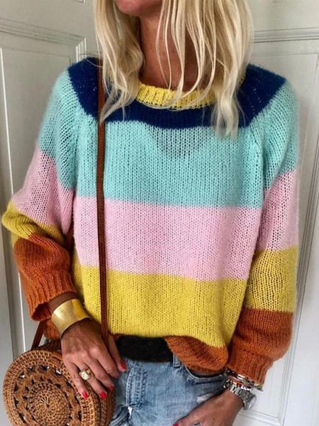 

Long Sleeve Striped Casual Round Neck Sweater, Multicolor, Knitwear & Sweaters