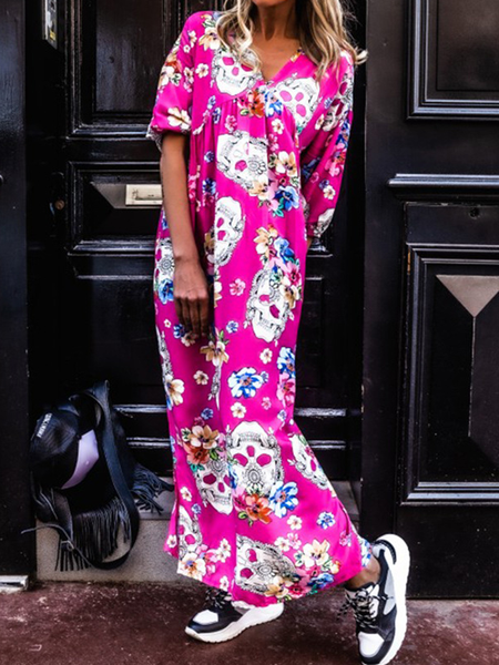 

Floral Skull Printed V Neck Casual Hippie Weaving Dress, Deep pink, Maxi Dresses