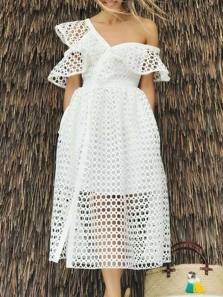 

Regular Fit Elegant Plain Midi Dress, White, Midi Dresses