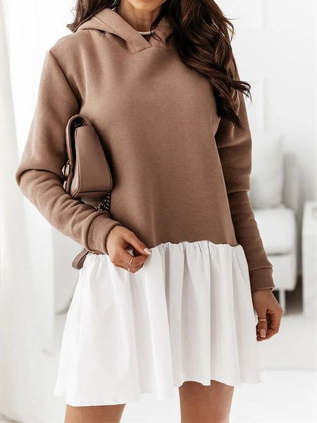

Khaki color block geometric stitching casual sweater dress with hood, Casual Dresses