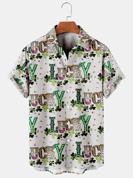 

Holiday And Leisure St. Patrick's Day Element Four-Leaf Clover And Alphabet Pattern Hawaiian Style Printed Shirt Top, As picture, Shirts ＆ Blouse