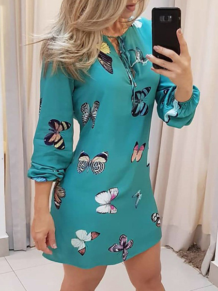 

Crew Neck Butterfly Printed Long Sleeves Weaving Dress, Lightblue, Mini Dresses