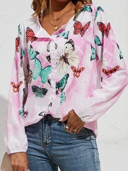 

Women's Blouses Butterfly Print V-Neck Button Long Sleeve Blouse, Multicolor, Shirts & Blouses