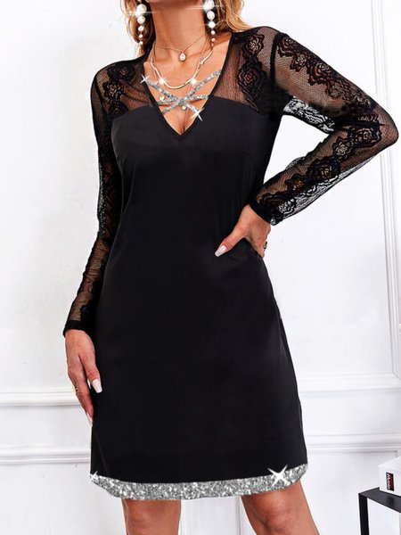 

Casual Long Sleeve V Neck Plus Size Dress, Black, Mini Dresses