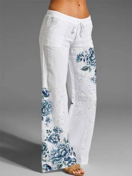

Elastic Waist Loosen Floral Print Casual Pants, White, Pants