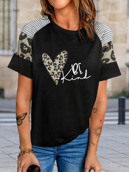 

Letter Heart Print Leopard Striped Raglan Sleeve Short Sleeve T-shirts, Black, Tops