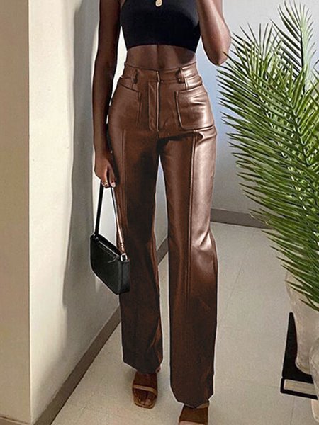 Plain Statement Straight Leg Daily Pants, Brown, Leather Pants