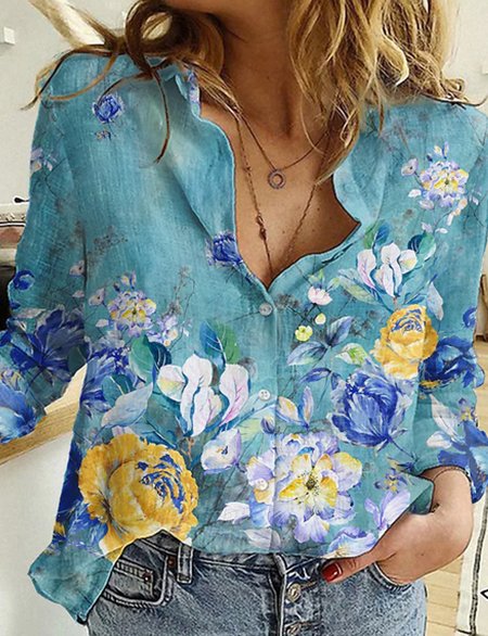 

Crew Neck Elegant Floral Shirts & Tops, Blue, Tees & T-shirts