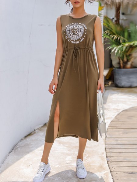 

Slit dress waist sleeveless long-sleeved women's dress, Green, Casual Dresses