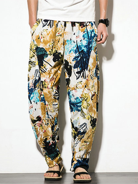 

Plant Flowers Cotton And linen leisure Easy Broken Beautiful Haroun Pants, As picture, Men's pants