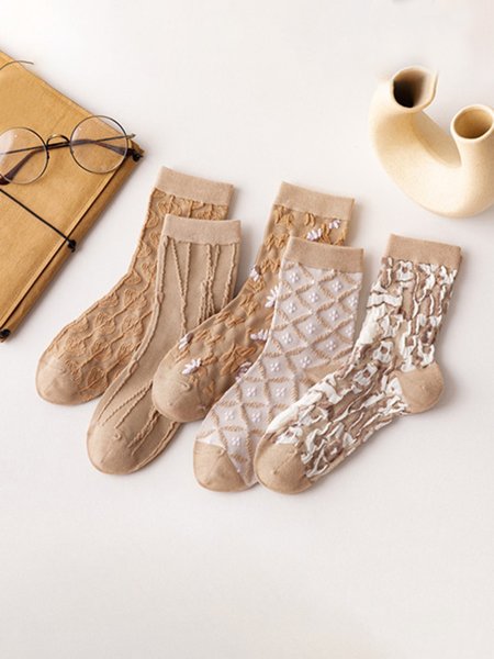 

5 Pairs Of Vintage Palace Style Jacquard Knitted Socks, As picture, Socks