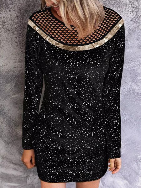 

Hollow Out Sequins Round Neck Long Sleeve Casual Mini Dresses, Black, Casual Dresses