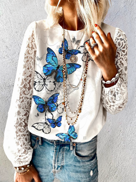 

Plus size Butterfly Printed Lace Shirts & Tops, White, Tops
