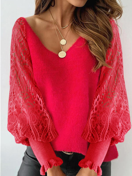 

Lace Cotton Blends Casual V Neck Sweater, Red, Sweaters & Cardigans