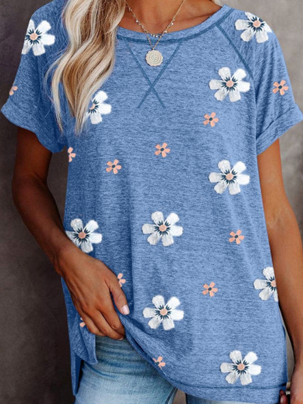 

Loosen Crew Neck Casual Floral Shirts & Tops, Blue, Tops