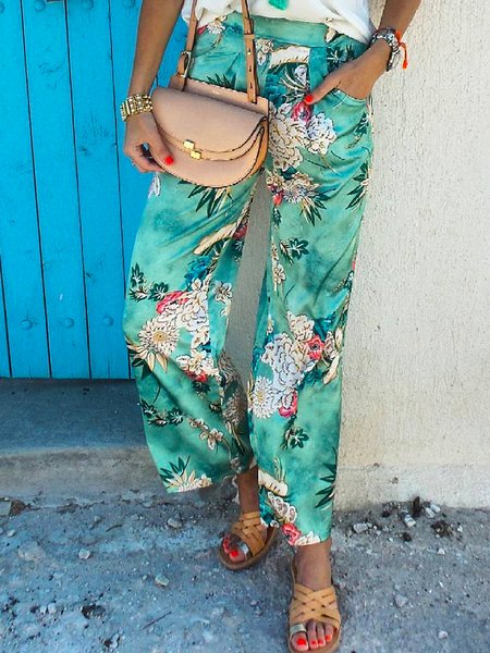 

Casual printed mid-rise straight-leg trousers, Green, Pants