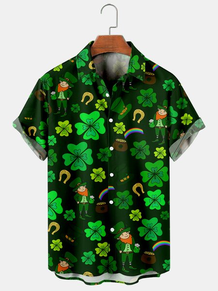 

Holiday Leisure St. Patrick's Day Element Characters And Gold Coin Pattern Hawaiian Style Printed Shirt Top, Green, Shirts ＆ Blouse