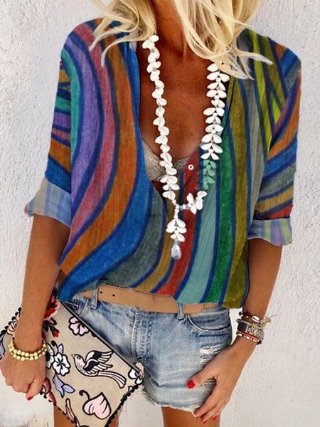 Long Sleeve Buttoned V Neck Casual Stripes Shirts & Tops, Multicolor, Tops