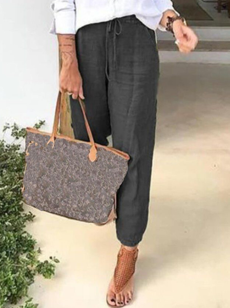 

Women's casual loose cotton and linen drawstring casual pants, Black, Pants