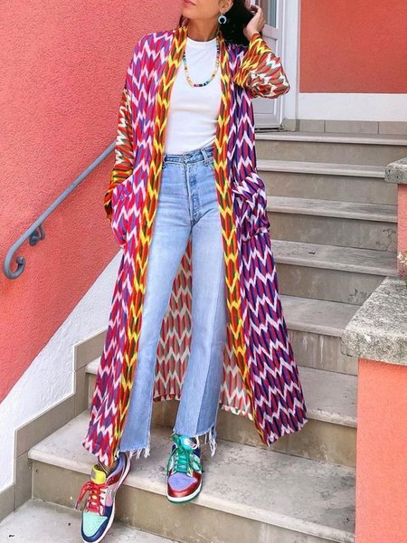 

Casual Geometric Loosen Long Sleeve Outerwear, Multicolor, Outerwear
