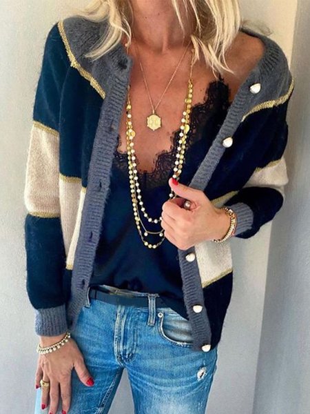 

Striped Round Neck Casual Long Sleeve Sweater, Multicolor, Knitwear & Sweaters