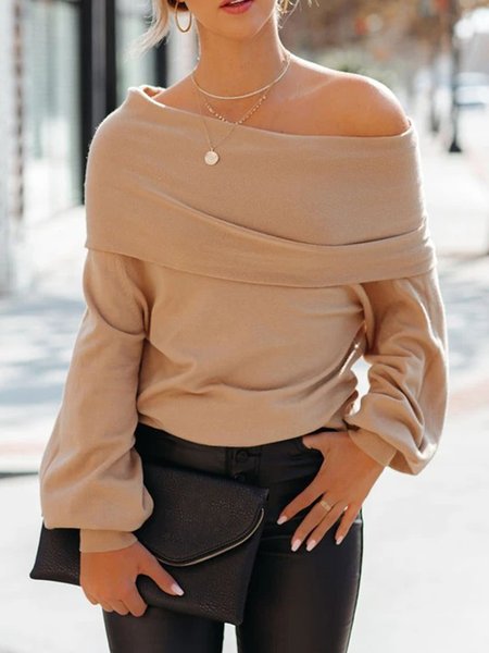 

Casual Solid Off The Shoulder Long Sleeve Shirts & Tops, Khaki, Tops