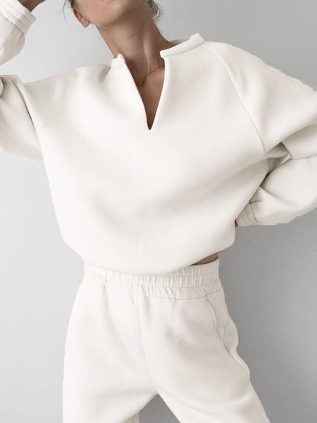 

Notched Plain Casual Simple Top, White, Blouses and Shirts