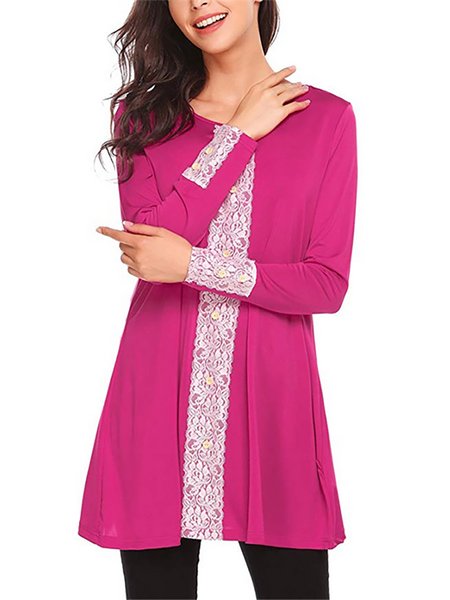 

Solid Loosen Casual Lace Tunic Tops, Rose red, Tops