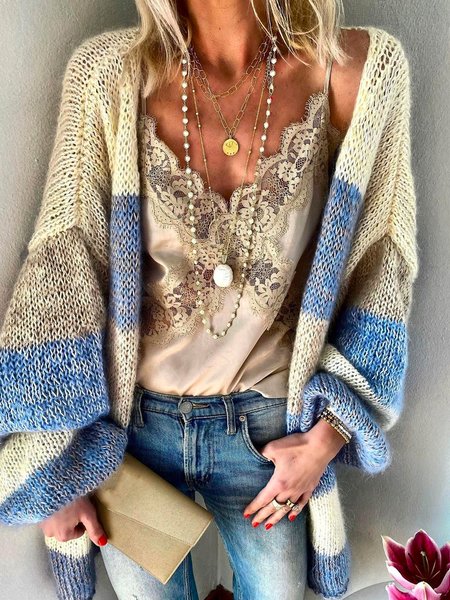 

Casual Yarn/Wool Yarn Striped Sweater coat, Blue, Cardigans
