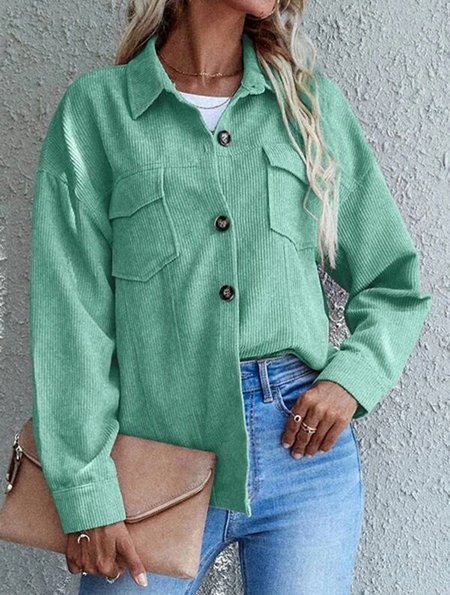 

Solid Casual Corduroy Shirt Collar Outerwear, Lightgreen, Outerwear