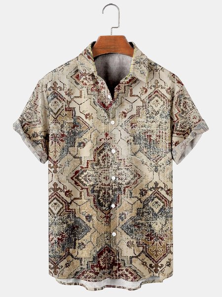 

Casual ethnic print short-sleeved shirt, As picture, Short Sleeves Shirts