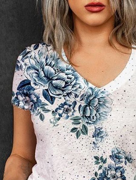 

Floral Casual V Neck Shirts & Tops, White, Tops