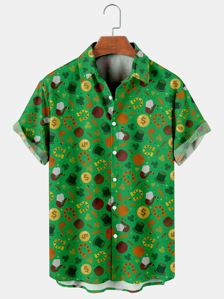 

Holiday Casual St. Patrick's Day Element Four-Leaf Clover And Gold Coin Pattern Hawaiian Print Shirt Top, Green, Shirts ＆ Blouse