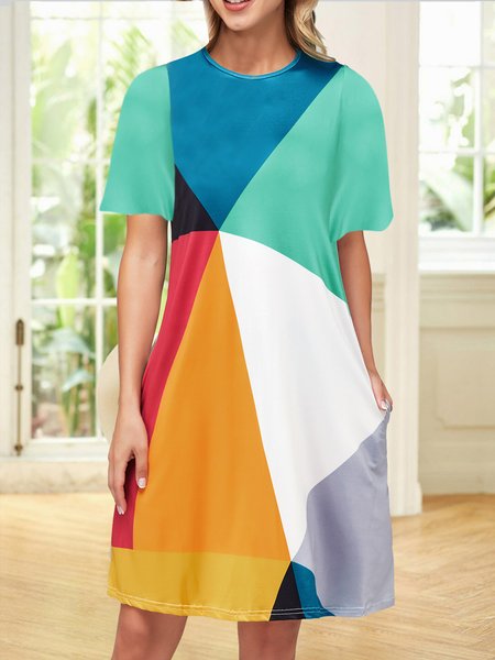 

Round neck multicolor geometric color block straight dress, Casual Dresses