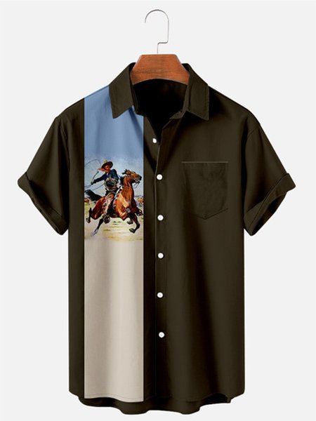 

Shirt Collar Pockets Colorblock Shirts & Tops, Black, Shirts ＆ Blouse