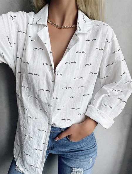

Shirt Collar Eyelashes Printing Casual Shirts & Tops, White, Blouses & Shirts
