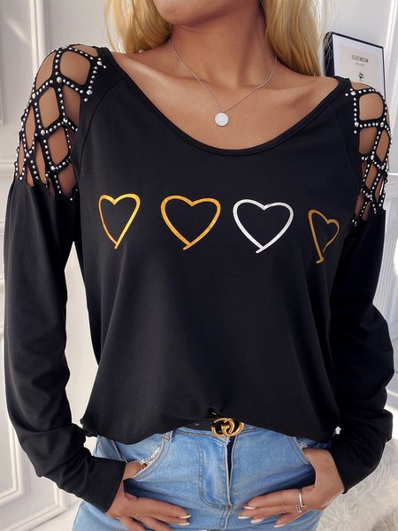 

V Neck Letter Casual Shirts & Tops, Black, Tops
