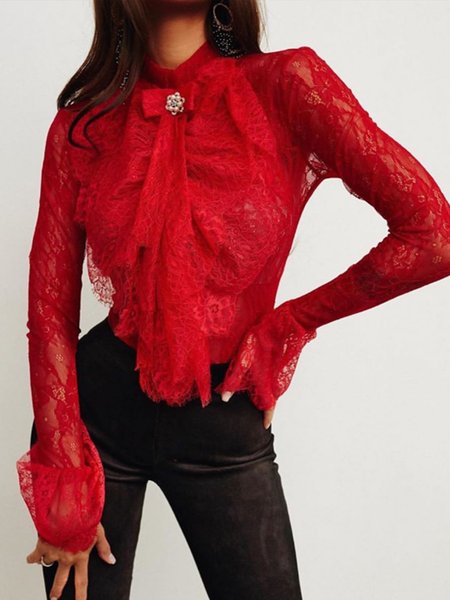 

Elegant Lace Solid Bow Stand Collar Top, Red, Blouses and Shirts