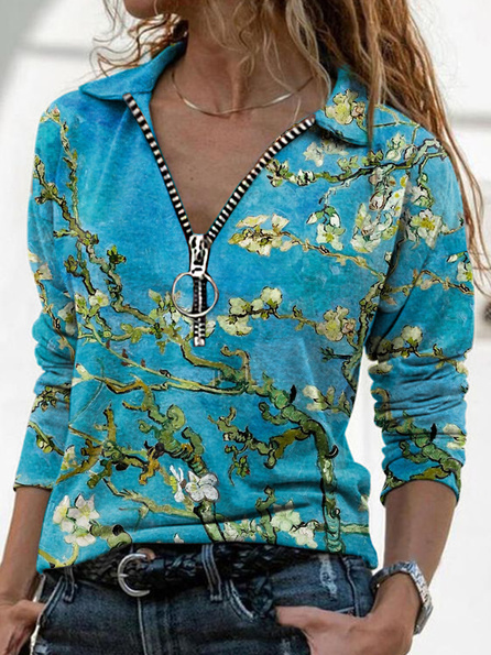 

Vacation Lapel Floral Regular Fit Shirts & Tops, Blue, Tops