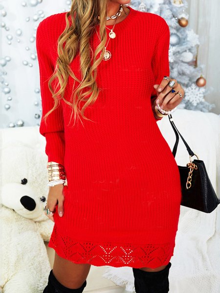 

Casual Solid Lace Crew Neck Long Sleeve Dresses, Red, Mini Dresses