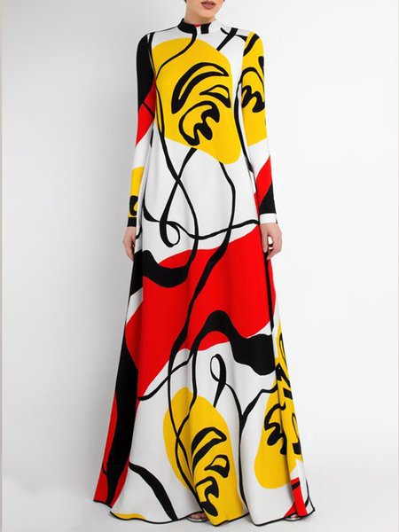 

Long sleeve Daily Stand Collar Statement Dress, As picture, Maxi Dresses