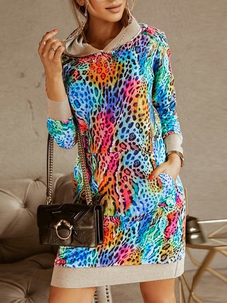 

Casual Regular Fit Long Sleeve Hooded Mini Dress, Leopard, Mini Dresses
