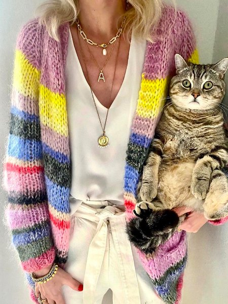 

Striped Casual Collarless Stripes Long Sleeve Outerwear, Multicolor, Cardigans