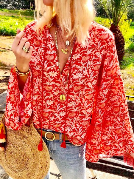 

Floral Casual Loosen Shirts & Tops, Orange red, Tops