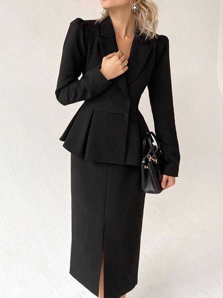 

Work Regular Fit Long Sleeve Solid Suit, Black, Dress&Skirts Set