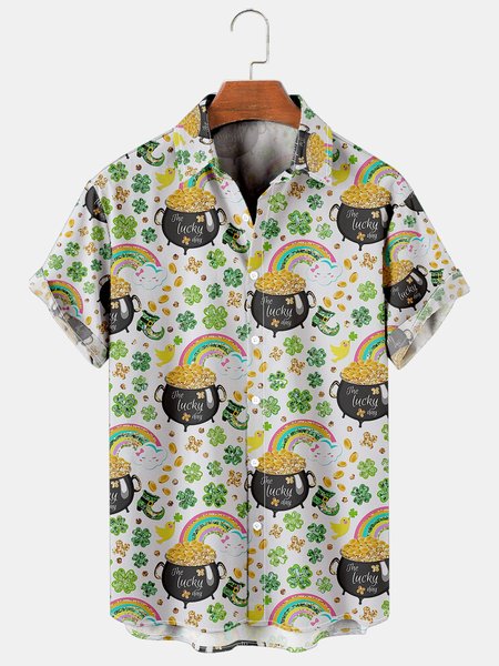 

Holiday Casual St. Patrick's Day Element Four-Leaf Clover And Gold Coin Pattern Hawaiian Print Shirt Top, As picture, Shirts ＆ Blouse