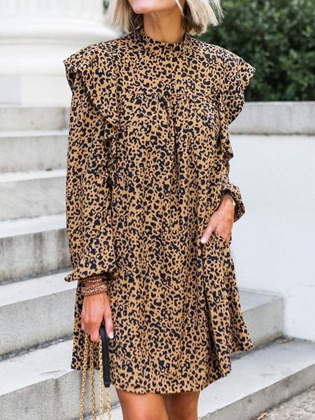 

Casual Leopard Loosen Crew Neck Long Sleeve Dresses, As picture, Mini Dresses