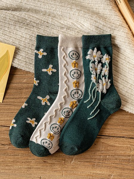 

3 Pairs Of Plant Flower Knitted Socks, As picture, Socks